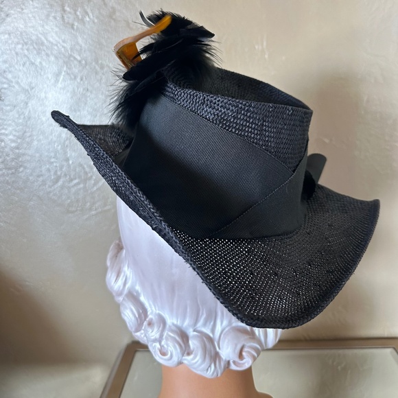 EYE-CATCHING 194Os\' BLACK STRAW FEDORA + WIDE BAND & YELLOW/BLACK FEATHERS main image 7